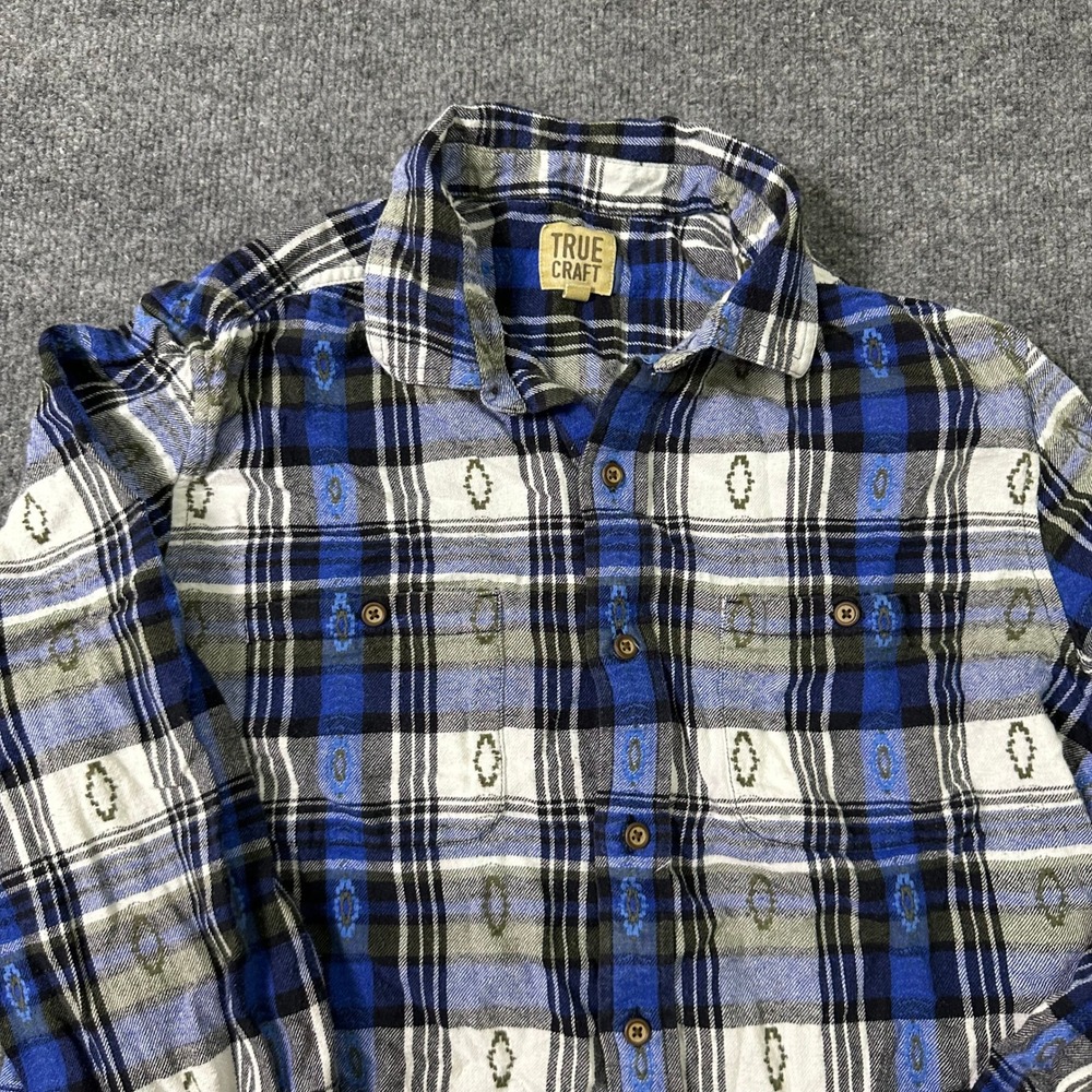 True Craft Button Down Shirt Mens Size L Blue Plaid Southwestern Cotton Casual